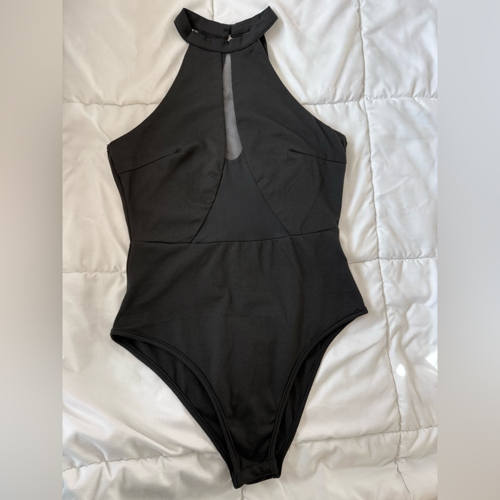 SHEIN halter top bodysuit with plunge mesh neckline size Small